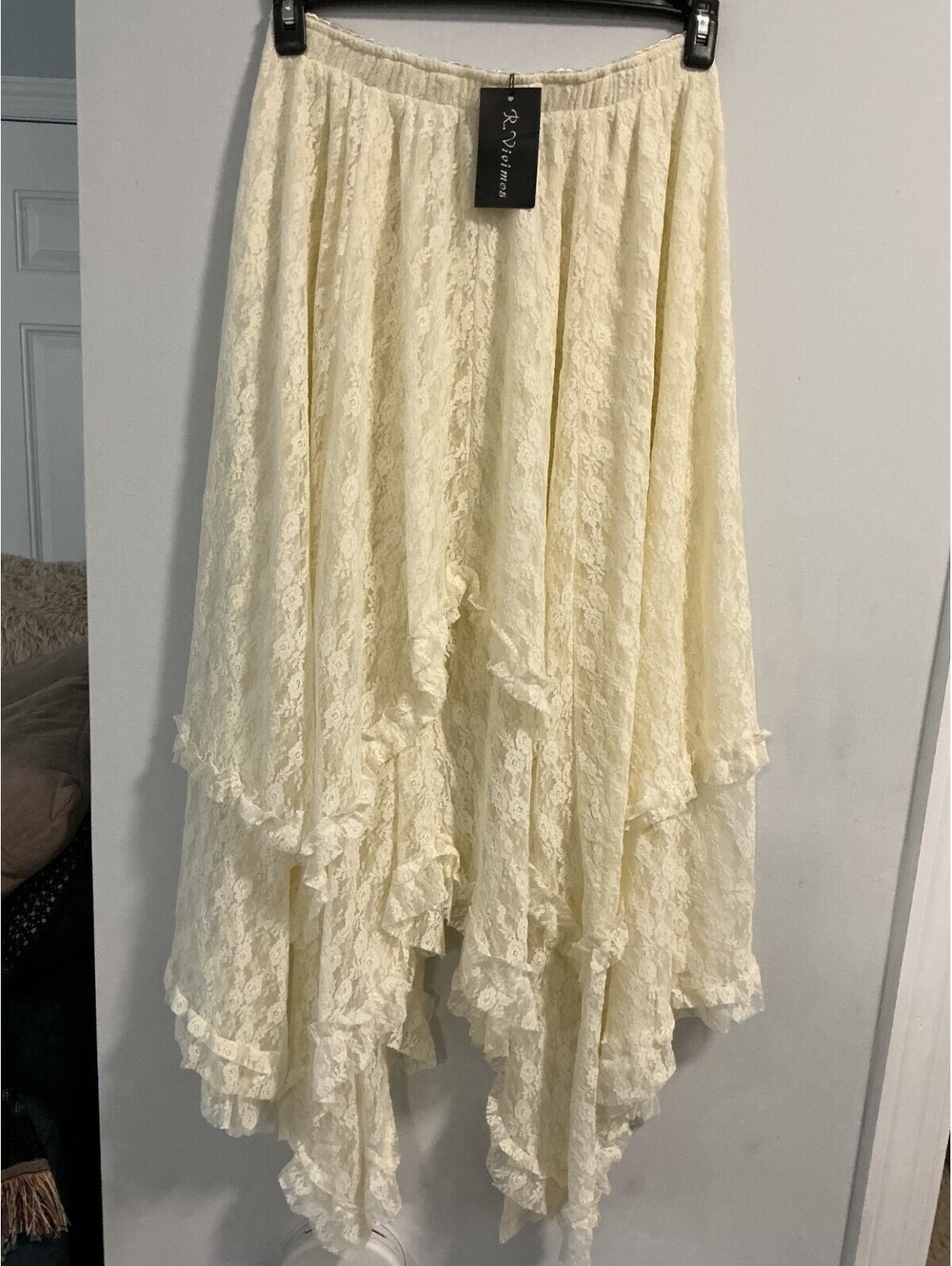 L.R Vivimos Lace Tiered Ruffle Asymmetrical Maxi Skirt Size L  Romantic Fairy